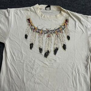 Diamond Dust T-Shirt Mens Size L Cream Feather Graphic Glitter Western Vintage